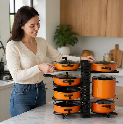 Space Saving Pot Rack Organizer - 8-Tier Metal Kitchen Storage Holder for Pots Pans Lids, Durable Home Organization Solution