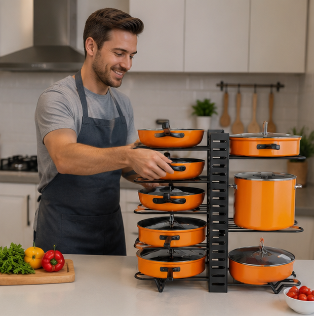 Space Saving Pot Rack Organizer - 8-Tier Metal Kitchen Storage Holder for Pots Pans Lids, Durable Home Organization Solution