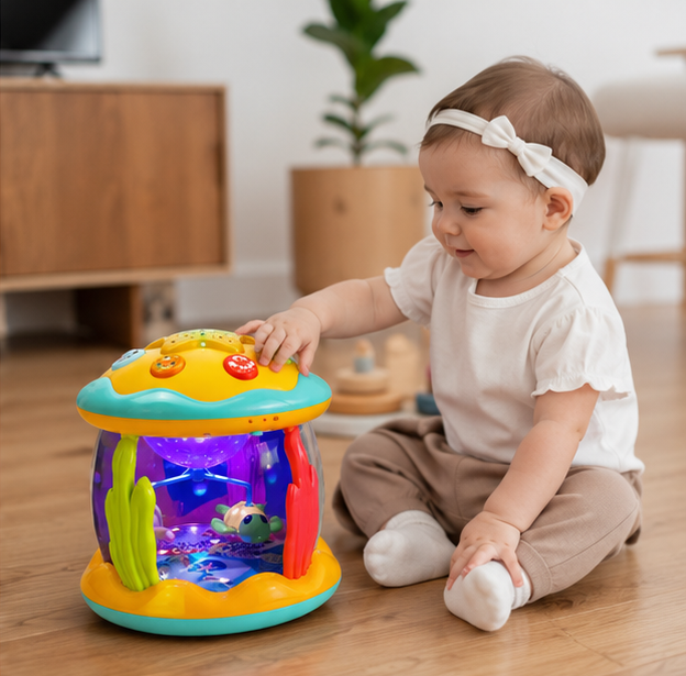 Tummy Time Toy - 4-in-1 Musical Sea Animal Projector for Crawling Practice, Sensory Development and Infant Learning