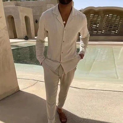 Vintage Charm Men's Cotton Lapel Ensemble – Long Sleeve Shirt and Pants Set for Timeless Casual Elegance