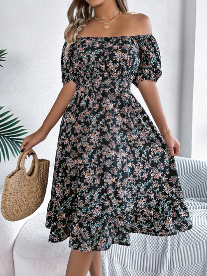 Floral Ruffled Square Neck Dress – Elegant Short Sleeve Summer Dress for Feminine Charm & Seasonal Sophistication