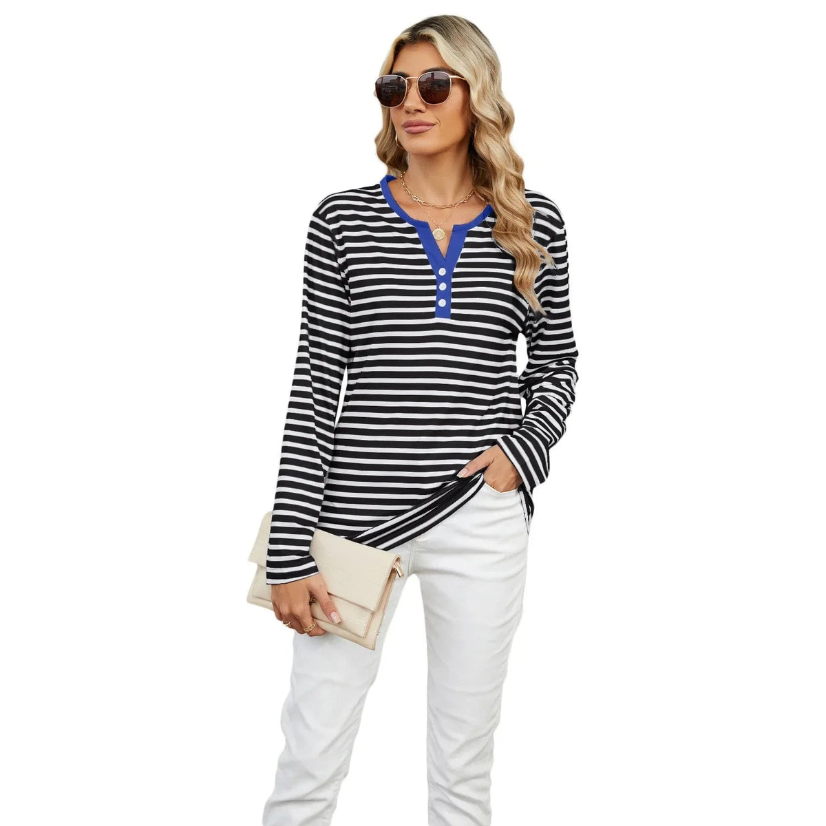 Color Block V-Neck T-Shirt – Loose Long-Sleeved Top for Cross-Border Fashion with a Bold Twist