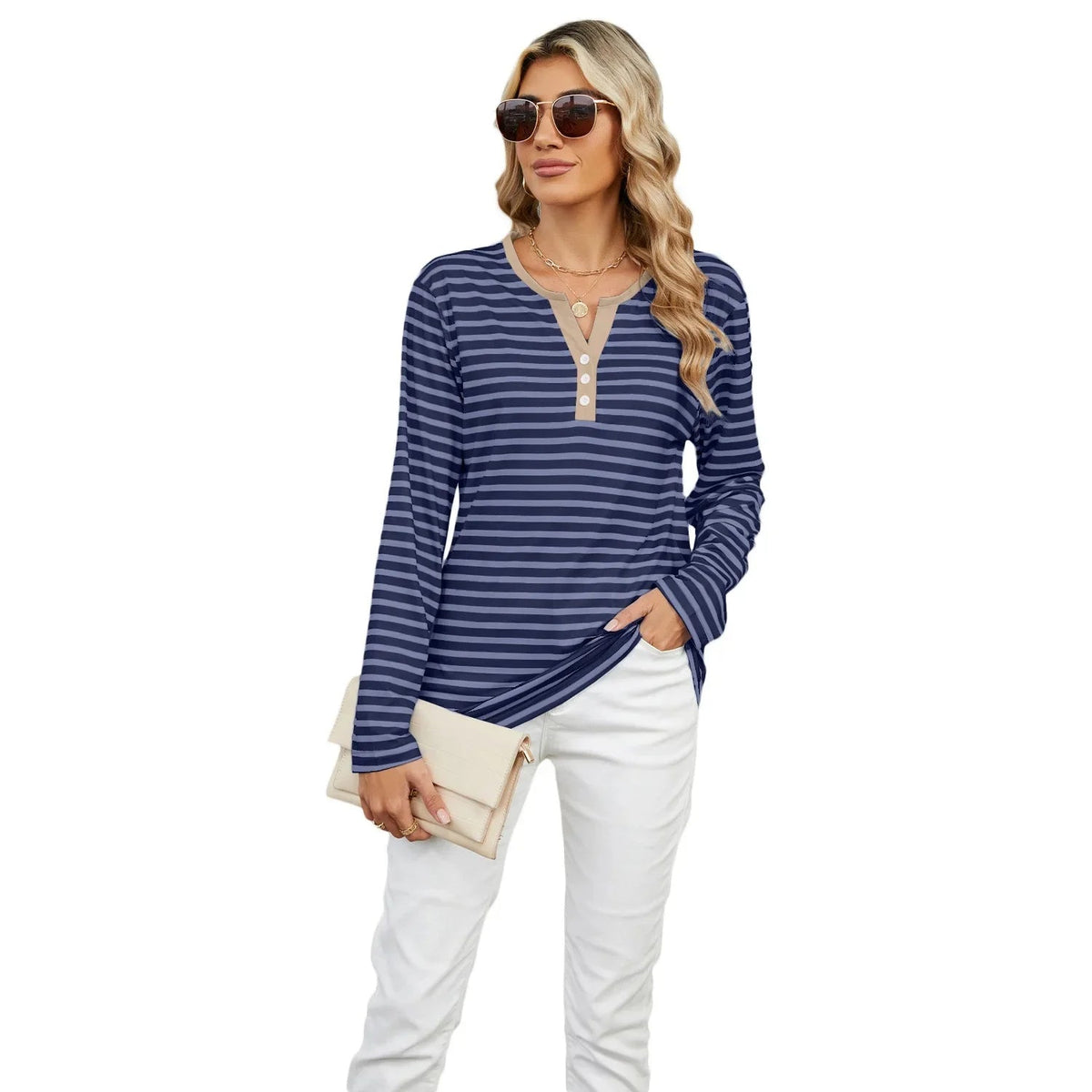 Color Block V-Neck T-Shirt – Loose Long-Sleeved Top for Cross-Border Fashion with a Bold Twist