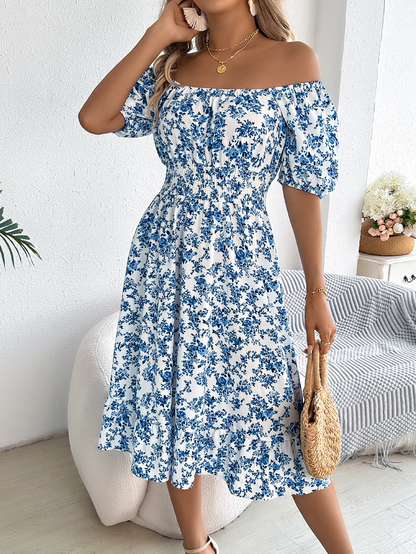 Floral Ruffled Square Neck Dress – Elegant Short Sleeve Summer Dress for Feminine Charm & Seasonal Sophistication