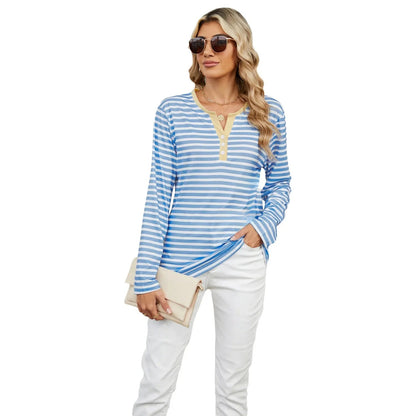 Color Block V-Neck T-Shirt – Loose Long-Sleeved Top for Cross-Border Fashion with a Bold Twist