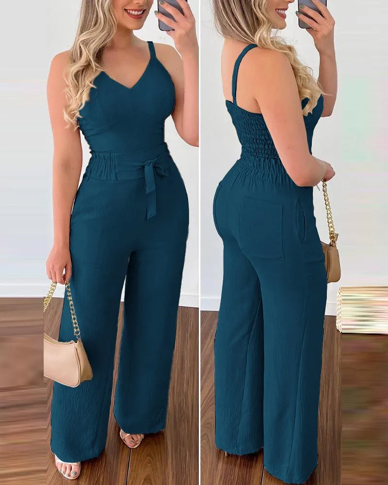 Solid Color V-Neck Shirred Jumpsuit for Women – Chic One-Piece Pants Set for Summer Dates & Casual Confidence
