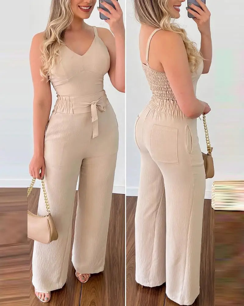 Solid Color V-Neck Shirred Jumpsuit for Women – Chic One-Piece Pants Set for Summer Dates & Casual Confidence
