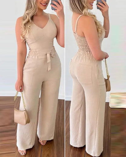 Solid Color V-Neck Shirred Jumpsuit for Women – Chic One-Piece Pants Set for Summer Dates & Casual Confidence