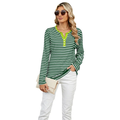 Color Block V-Neck T-Shirt – Loose Long-Sleeved Top for Cross-Border Fashion with a Bold Twist