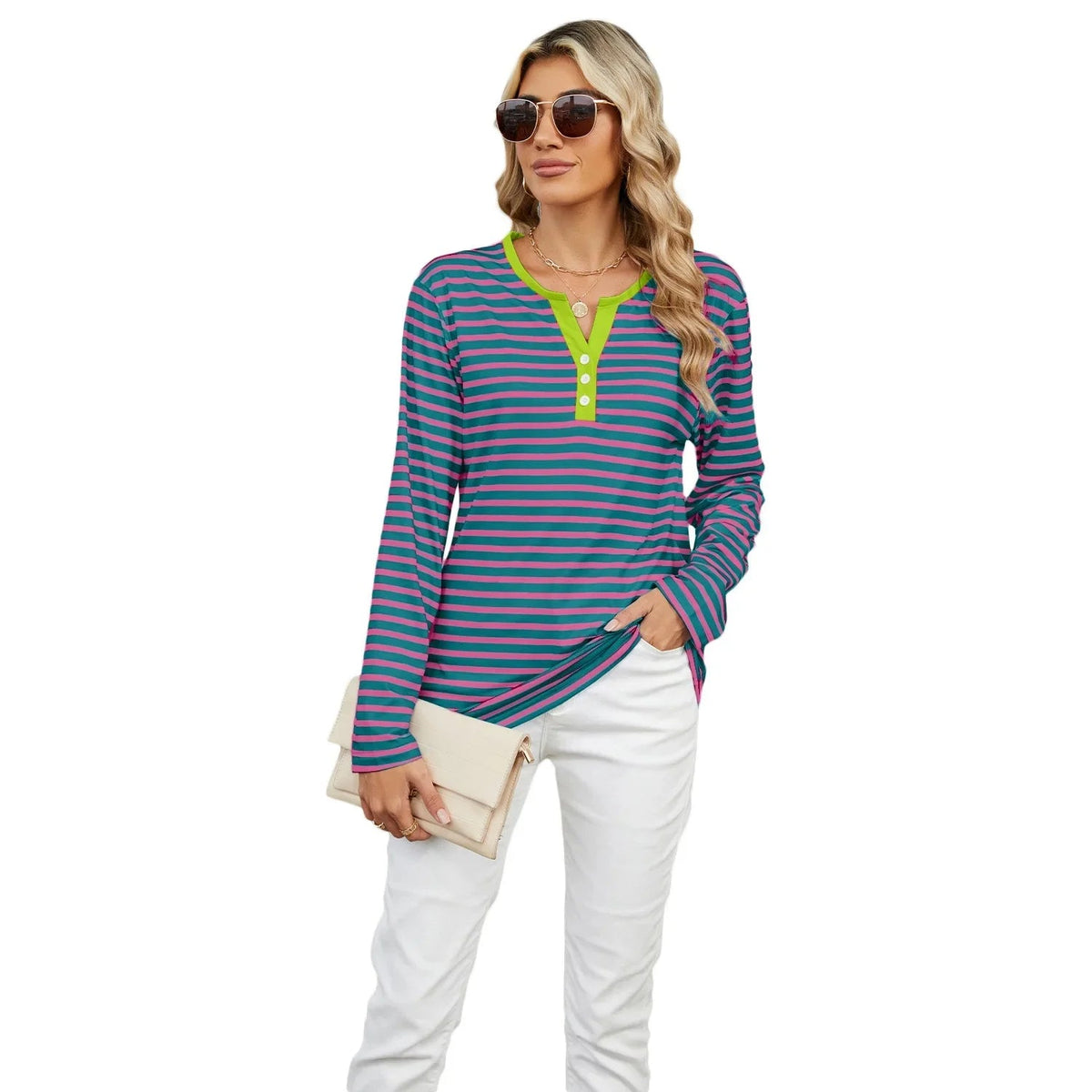 Color Block V-Neck T-Shirt – Loose Long-Sleeved Top for Cross-Border Fashion with a Bold Twist