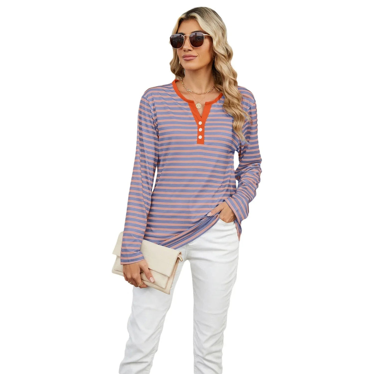 Color Block V-Neck T-Shirt – Loose Long-Sleeved Top for Cross-Border Fashion with a Bold Twist