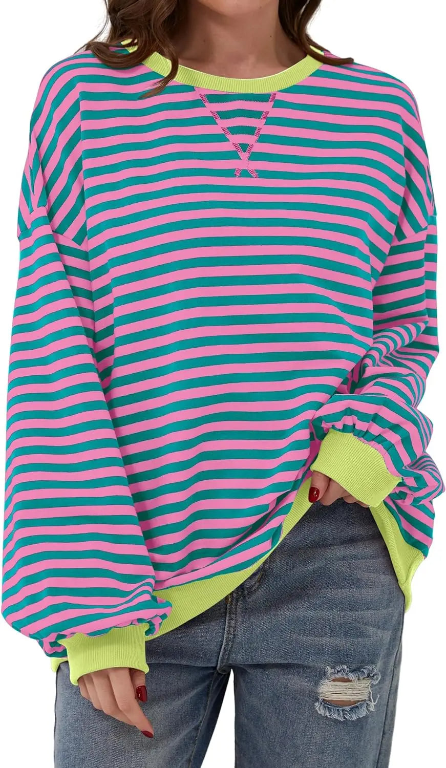 Oversized Striped Pullover Round Neck Sweatshirt – Casual Long Sleeve Crew Neck for a Laid-Back Yet Fashionable Look