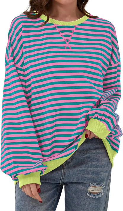 Oversized Striped Pullover Round Neck Sweatshirt – Casual Long Sleeve Crew Neck for a Laid-Back Yet Fashionable Look