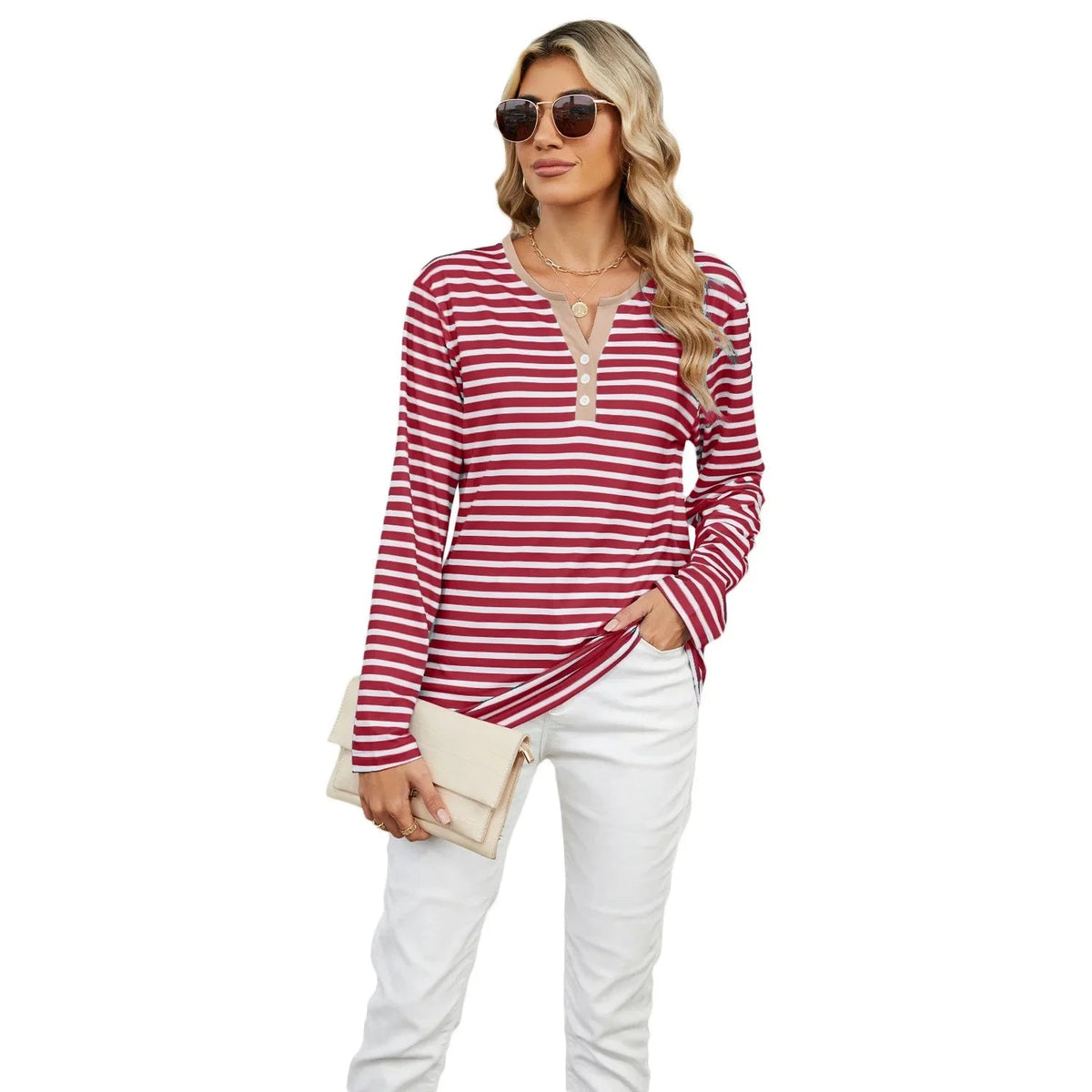 Color Block V-Neck T-Shirt – Loose Long-Sleeved Top for Cross-Border Fashion with a Bold Twist