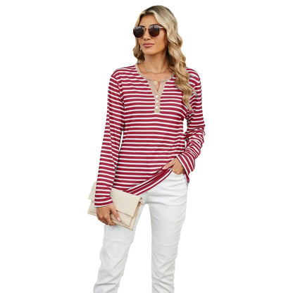 Color Block V-Neck T-Shirt – Loose Long-Sleeved Top for Cross-Border Fashion with a Bold Twist