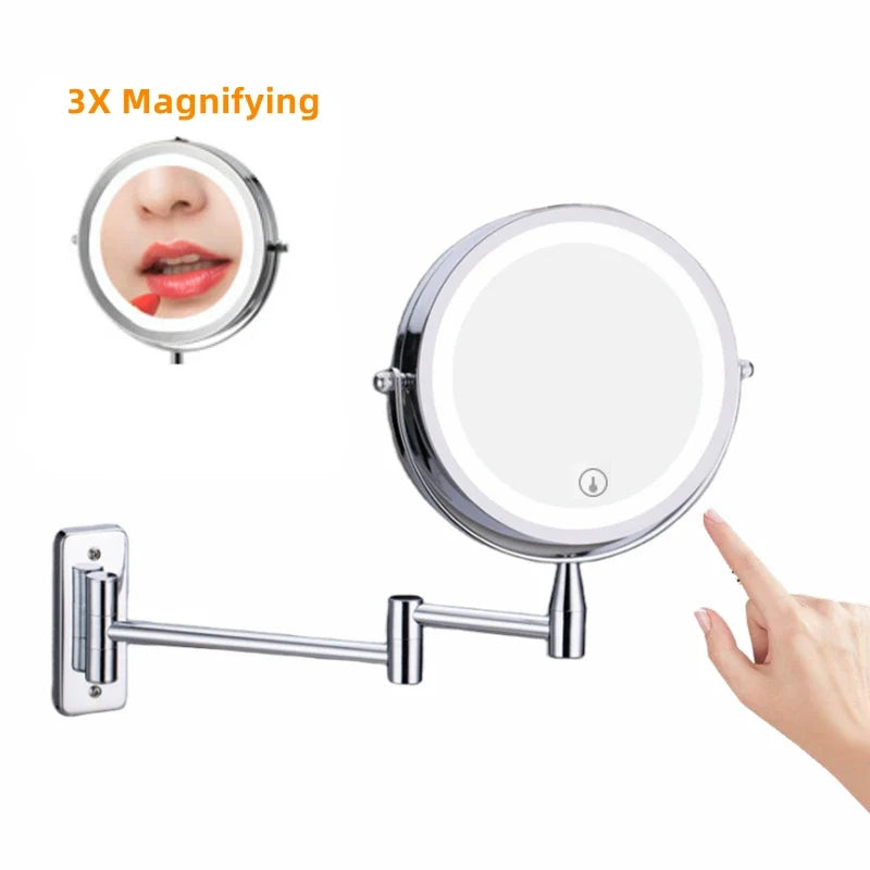 LED Lighted Folding Bathroom Mirror – Wall-Mounted 10X Magnification Touch Dimming Makeup Mirror with Dual-Sided Viewing