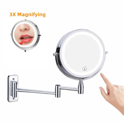 LED Lighted Folding Bathroom Mirror – Wall-Mounted 10X Magnification Touch Dimming Makeup Mirror with Dual-Sided Viewing