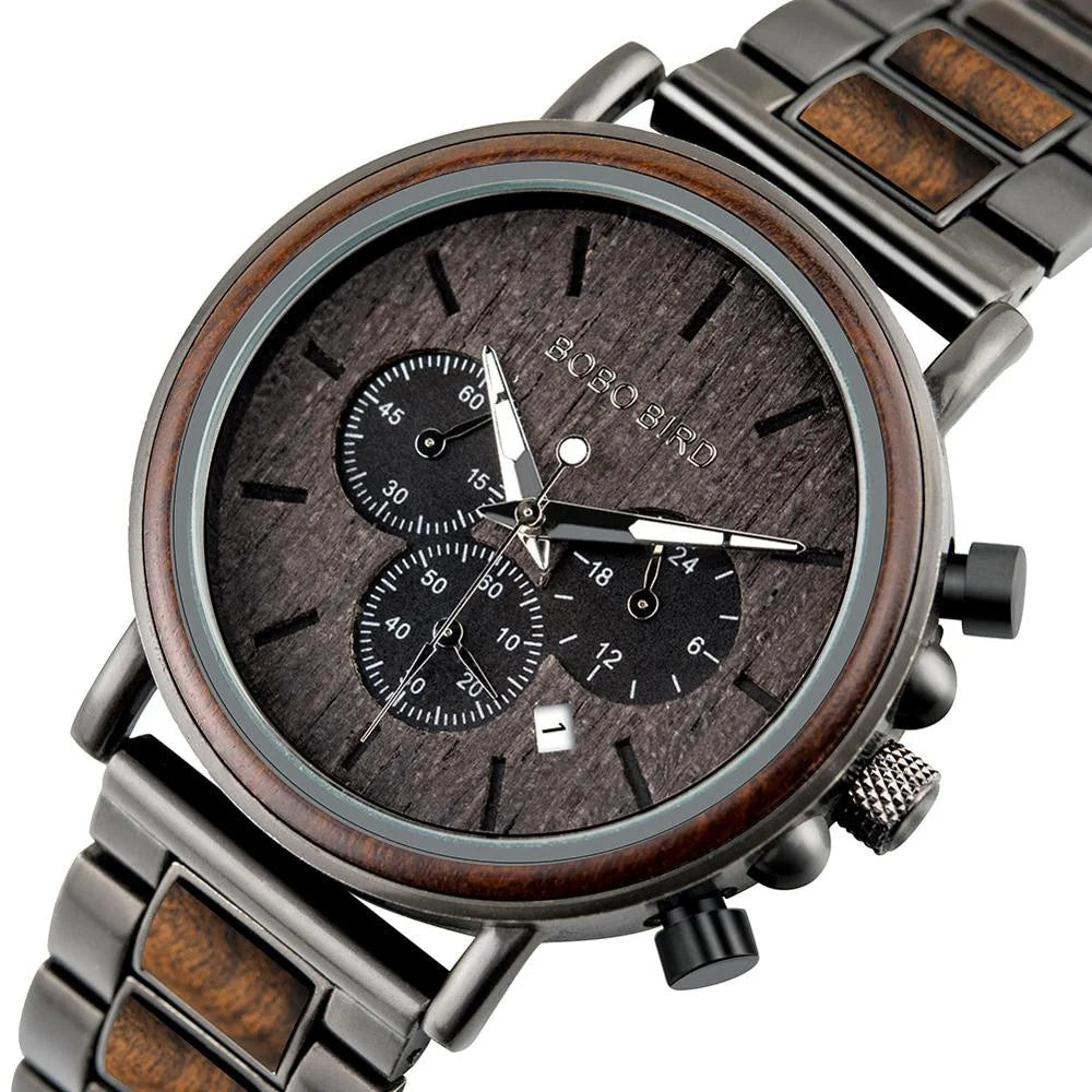 Wooden Men’s Watch Relogio Masculino – Stylish Chronograph Military Timepiece in Gift Box, Eco-Friendly Design for Everyday Elegance