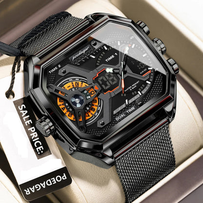 Men's LED Watch – Waterproof Rectangle Stainless Steel Quartz Timepiece with Week & Date Display, Elegant Fashion Accessory