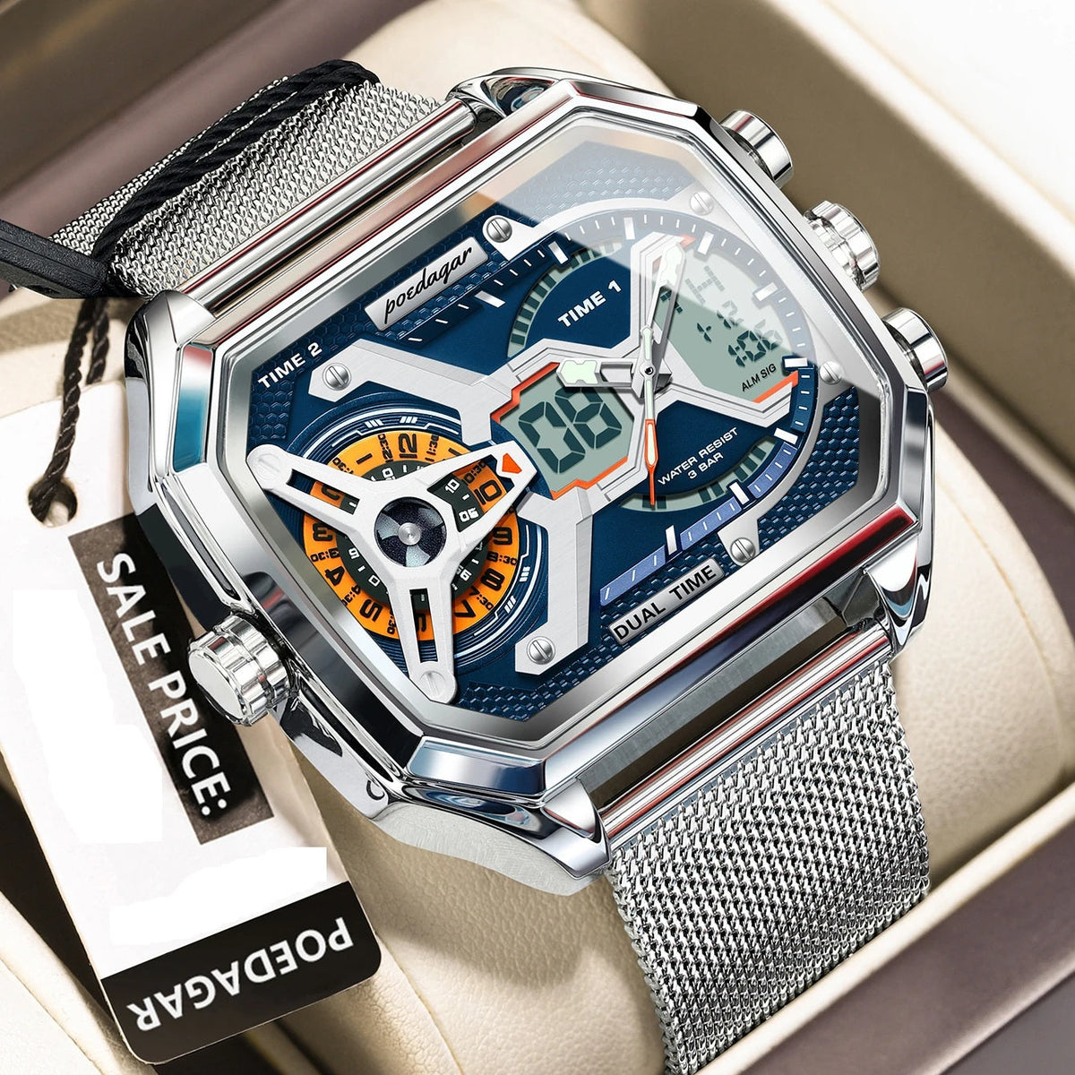 Men's LED Watch – Waterproof Rectangle Stainless Steel Quartz Timepiece with Week & Date Display, Elegant Fashion Accessory
