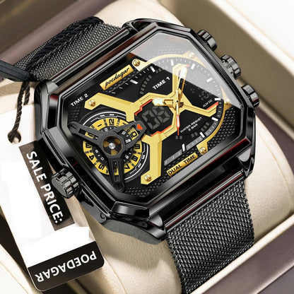 Men's LED Watch – Waterproof Rectangle Stainless Steel Quartz Timepiece with Week & Date Display, Elegant Fashion Accessory