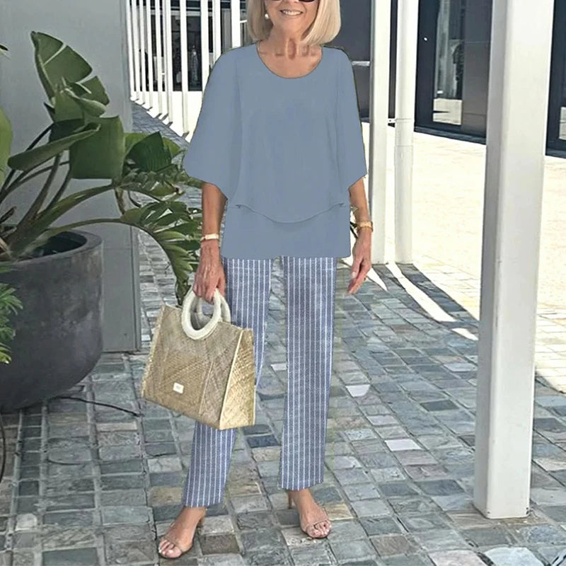 Elegant Women’s Ruffle Printed Suit Set – Flare Sleeve Blouse and Printed Pants Combo with Feminine Details for Chic Spring Style and Daytime Sophistication