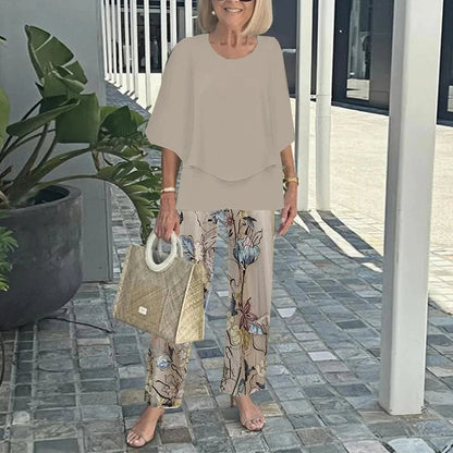 Elegant Women’s Ruffle Printed Suit Set – Flare Sleeve Blouse and Printed Pants Combo with Feminine Details for Chic Spring Style and Daytime Sophistication