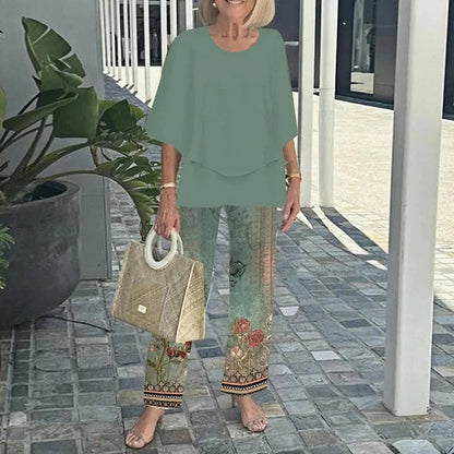 Elegant Women’s Ruffle Printed Suit Set – Flare Sleeve Blouse and Printed Pants Combo with Feminine Details for Chic Spring Style and Daytime Sophistication