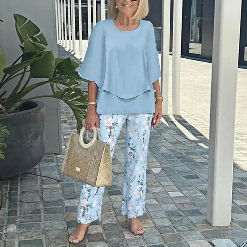 Elegant Women’s Ruffle Printed Suit Set – Flare Sleeve Blouse and Printed Pants Combo with Feminine Details for Chic Spring Style and Daytime Sophistication