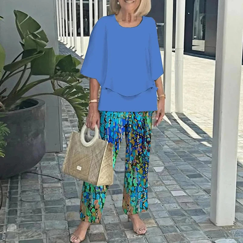 Elegant Women’s Ruffle Printed Suit Set – Flare Sleeve Blouse and Printed Pants Combo with Feminine Details for Chic Spring Style and Daytime Sophistication