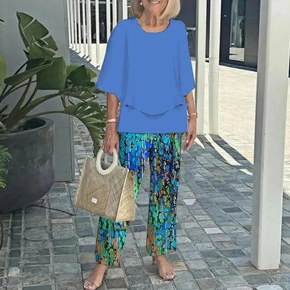 Elegant Women’s Ruffle Printed Suit Set – Flare Sleeve Blouse and Printed Pants Combo with Feminine Details for Chic Spring Style and Daytime Sophistication