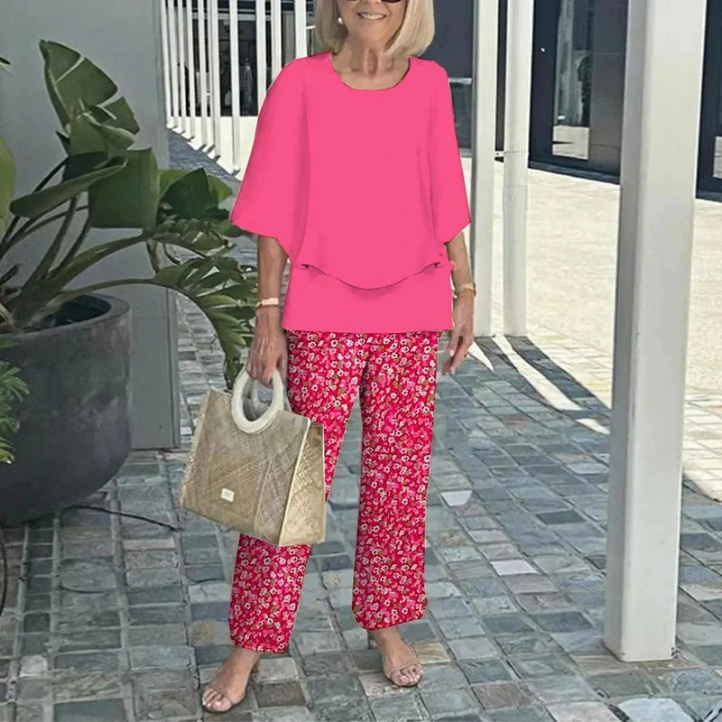 Elegant Women’s Ruffle Printed Suit Set – Flare Sleeve Blouse and Printed Pants Combo with Feminine Details for Chic Spring Style and Daytime Sophistication