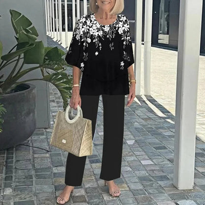Elegant Women’s Ruffle Printed Suit Set – Flare Sleeve Blouse and Printed Pants Combo with Feminine Details for Chic Spring Style and Daytime Sophistication