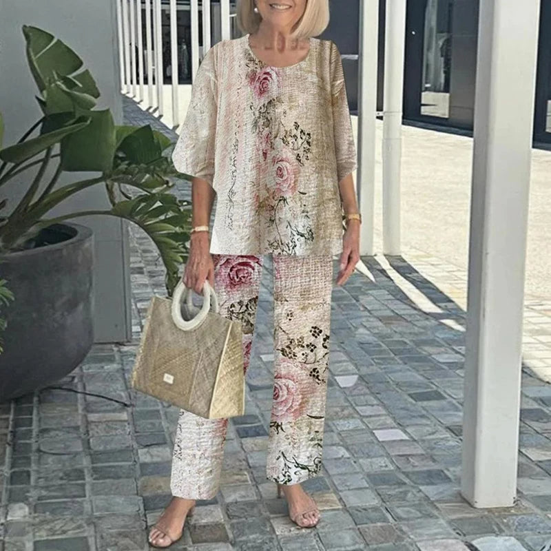 Elegant Women’s Ruffle Printed Suit Set – Flare Sleeve Blouse and Printed Pants Combo with Feminine Details for Chic Spring Style and Daytime Sophistication