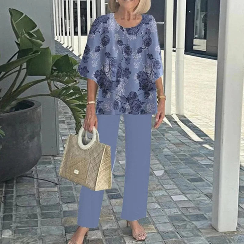 Elegant Women’s Ruffle Printed Suit Set – Flare Sleeve Blouse and Printed Pants Combo with Feminine Details for Chic Spring Style and Daytime Sophistication