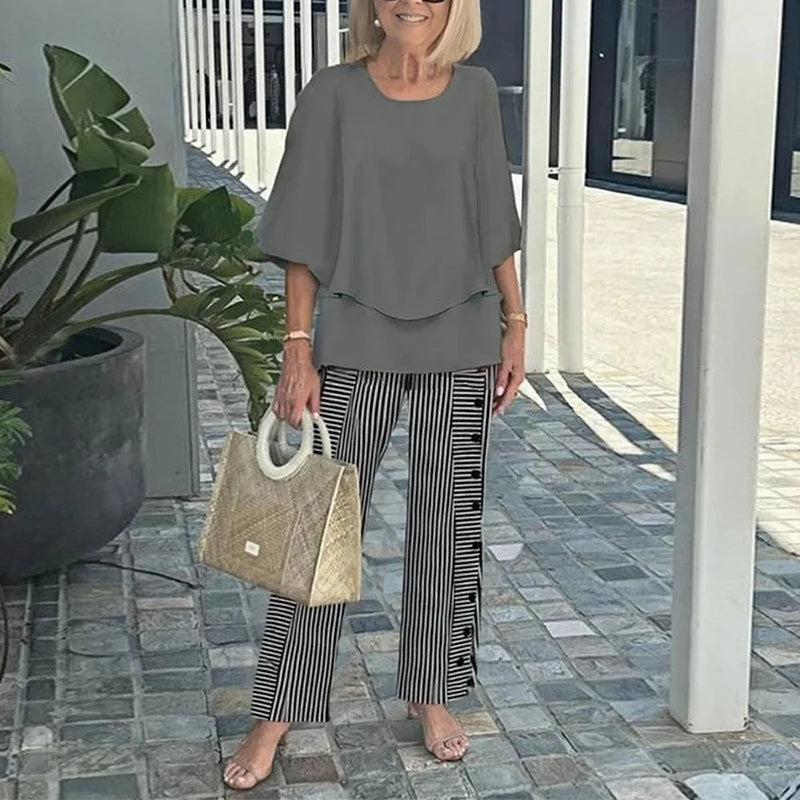 Elegant Women’s Ruffle Printed Suit Set – Flare Sleeve Blouse and Printed Pants Combo with Feminine Details for Chic Spring Style and Daytime Sophistication
