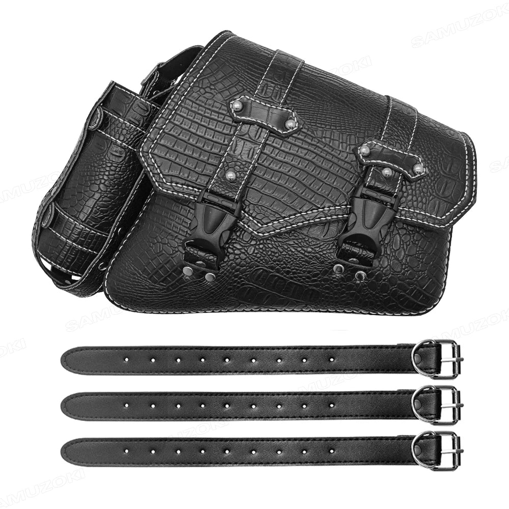 Universal Crocodile Pattern Motorcycle Saddle Bag – Black Plastic Buckle Pouch for Left/Right Side Storage & Tool Organizer on Rides