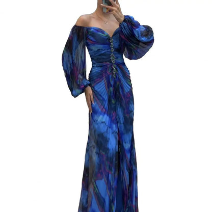 Elegant Women’s Off-Shoulder Maxi Dress – Pleated Lantern Sleeves, Split Hem, Rhinestone Waist Party Dress for Formal Occasions