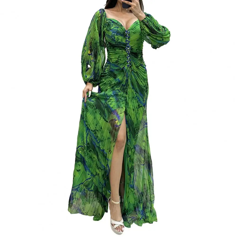 Elegant Women’s Off-Shoulder Maxi Dress – Pleated Lantern Sleeves, Split Hem, Rhinestone Waist Party Dress for Formal Occasions