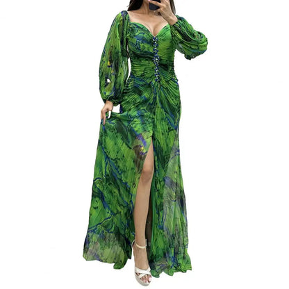 Elegant Women’s Off-Shoulder Maxi Dress – Pleated Lantern Sleeves, Split Hem, Rhinestone Waist Party Dress for Formal Occasions