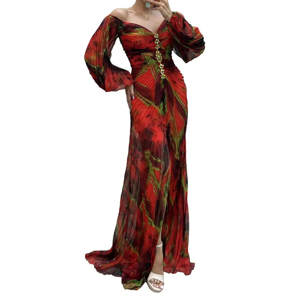 Elegant Women’s Off-Shoulder Maxi Dress – Pleated Lantern Sleeves, Split Hem, Rhinestone Waist Party Dress for Formal Occasions