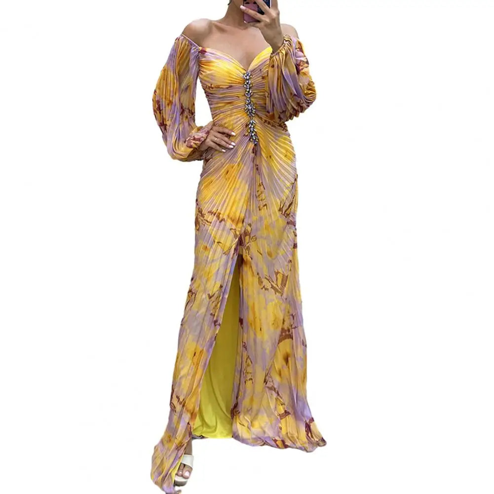 Elegant Women’s Off-Shoulder Maxi Dress – Pleated Lantern Sleeves, Split Hem, Rhinestone Waist Party Dress for Formal Occasions