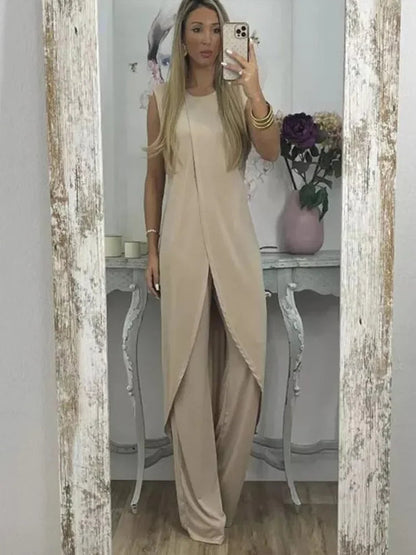 Casual Two-Piece Women’s Set – Sleeveless Round-Neck Top with Loose Pants for Chic 2023 Elegant Lady Summer Outfit Look