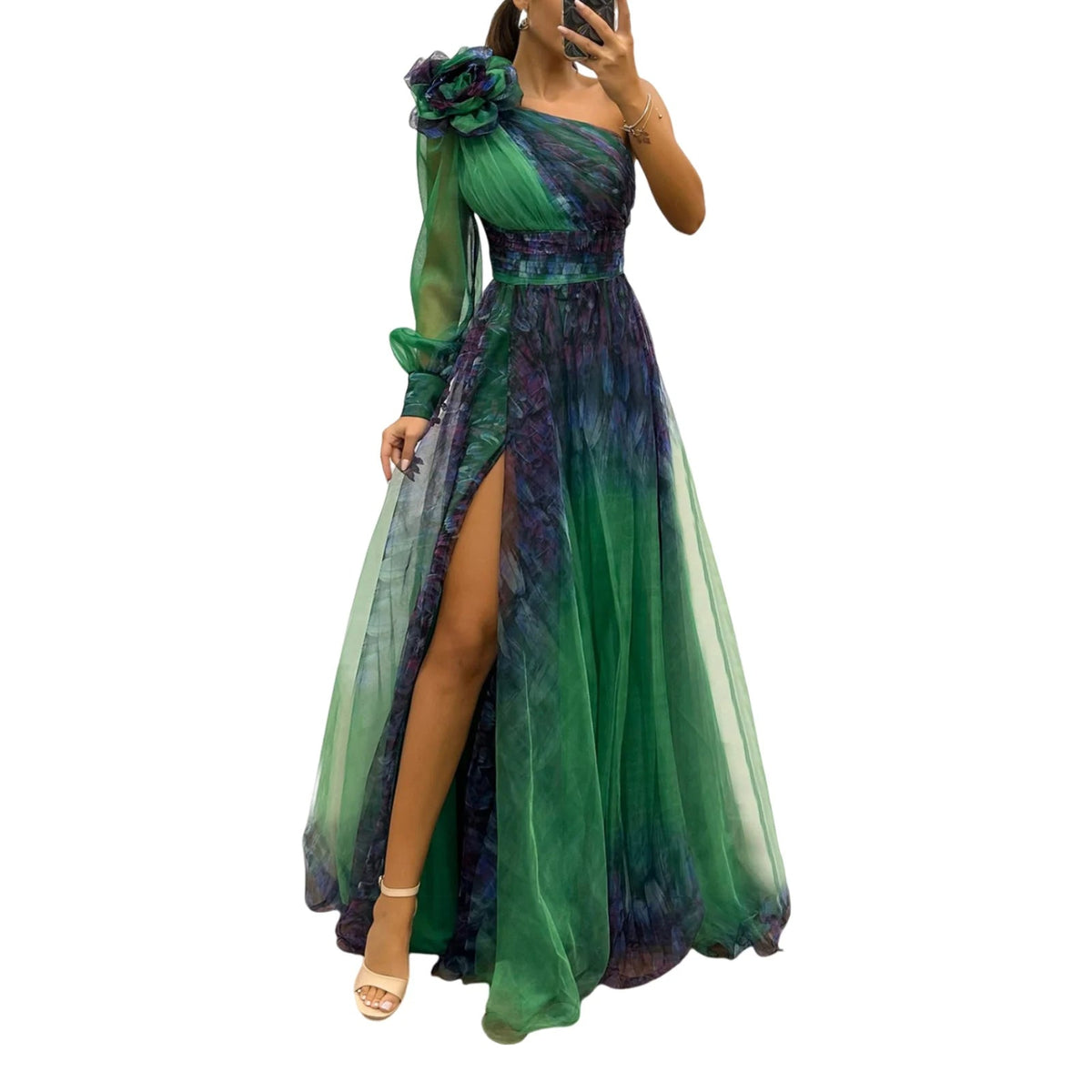Elegant Women’s Off-Shoulder Maxi Dress – Pleated Lantern Sleeves, Split Hem, Rhinestone Waist Party Dress for Formal Occasions