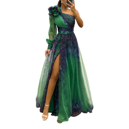 Elegant Women’s Off-Shoulder Maxi Dress – Pleated Lantern Sleeves, Split Hem, Rhinestone Waist Party Dress for Formal Occasions