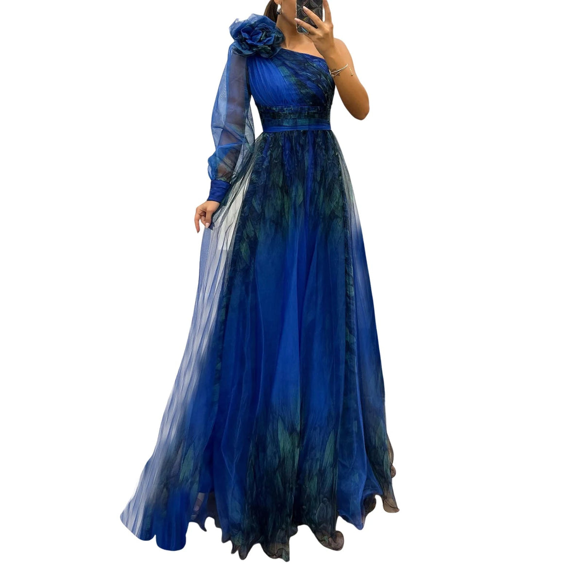 Elegant Women’s Off-Shoulder Maxi Dress – Pleated Lantern Sleeves, Split Hem, Rhinestone Waist Party Dress for Formal Occasions