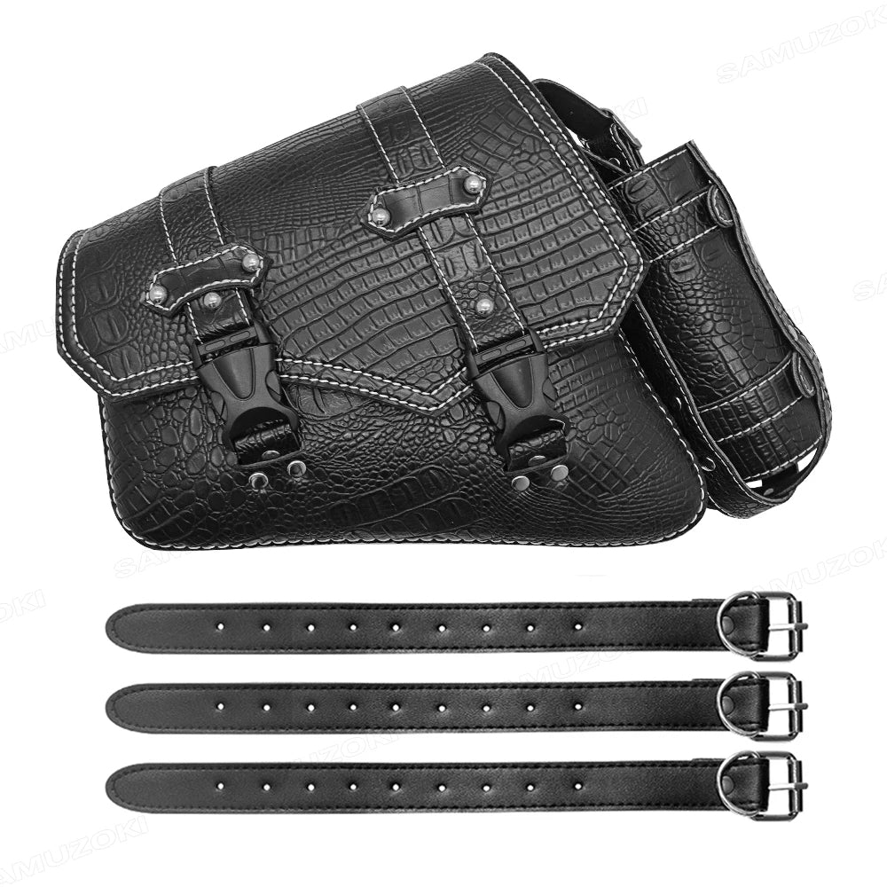 Universal Crocodile Pattern Motorcycle Saddle Bag – Black Plastic Buckle Pouch for Left/Right Side Storage & Tool Organizer on Rides