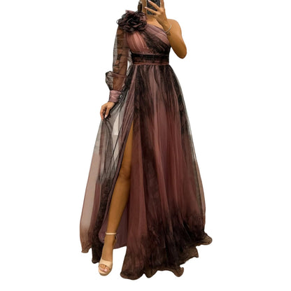 Elegant Women’s Off-Shoulder Maxi Dress – Pleated Lantern Sleeves, Split Hem, Rhinestone Waist Party Dress for Formal Occasions