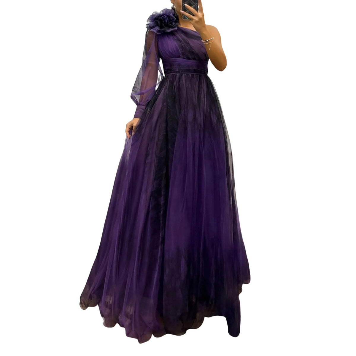 Elegant Women’s Off-Shoulder Maxi Dress – Pleated Lantern Sleeves, Split Hem, Rhinestone Waist Party Dress for Formal Occasions