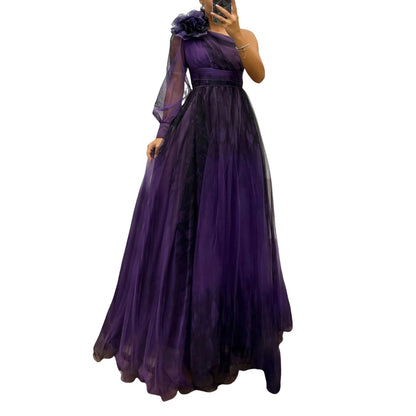 Elegant Women’s Off-Shoulder Maxi Dress – Pleated Lantern Sleeves, Split Hem, Rhinestone Waist Party Dress for Formal Occasions